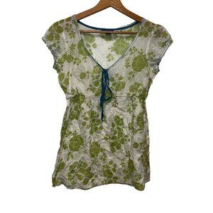 Y2K Lucky Brand Womens XS Green Floral V-Neck Cotton Blouse